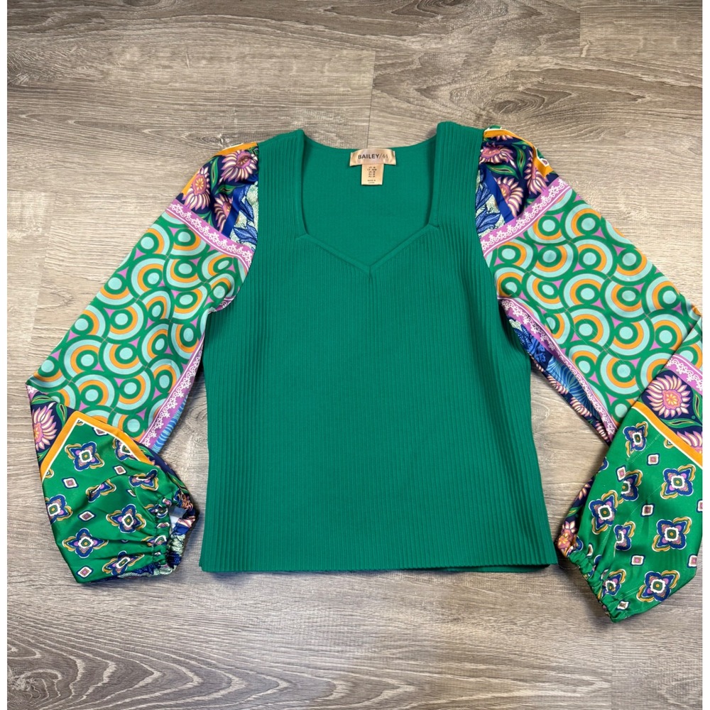 Bailey 44 Green Ribbed Mixed Media Top Patterned Balloon Sleeve Womens medium